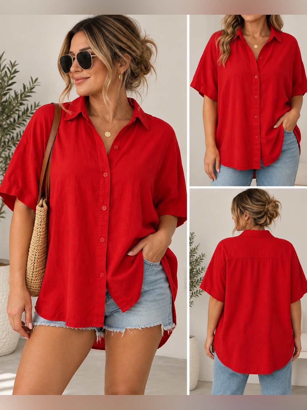 Max Studio London Red Oversized Button Down Shirt Blouse Size Small